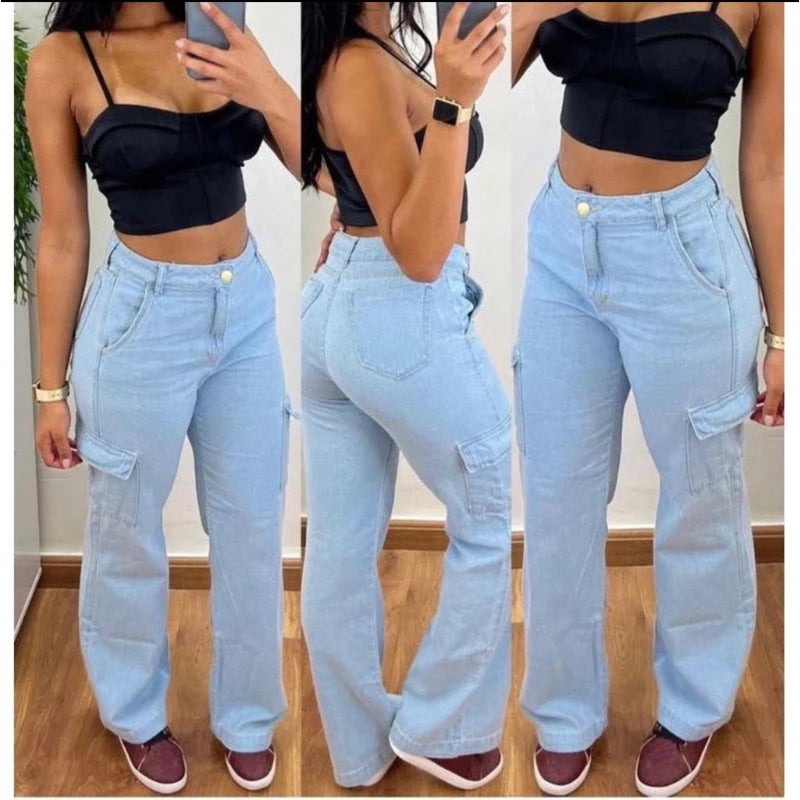 Women's Cargo Jeans Fashion Blogueirinha Casual Pantalona