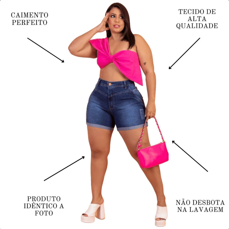 Short Jeans Plus Size Feminino Cintura Alta Levanta Bumbum Com Lycra