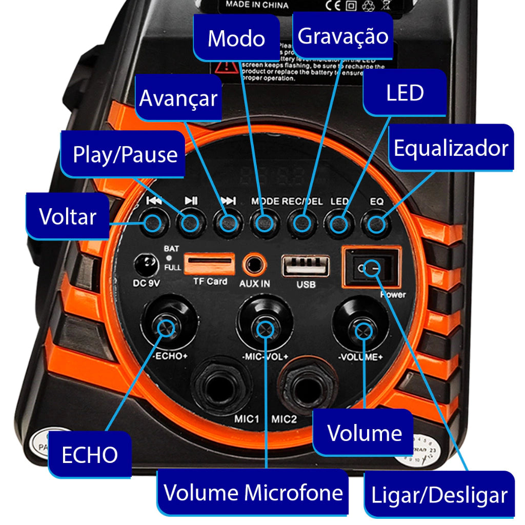 Caixa de Som Grande Potente Portátil Bluetooth com Microfone 60W Multimídia XDG-37 MARCA XTRAD