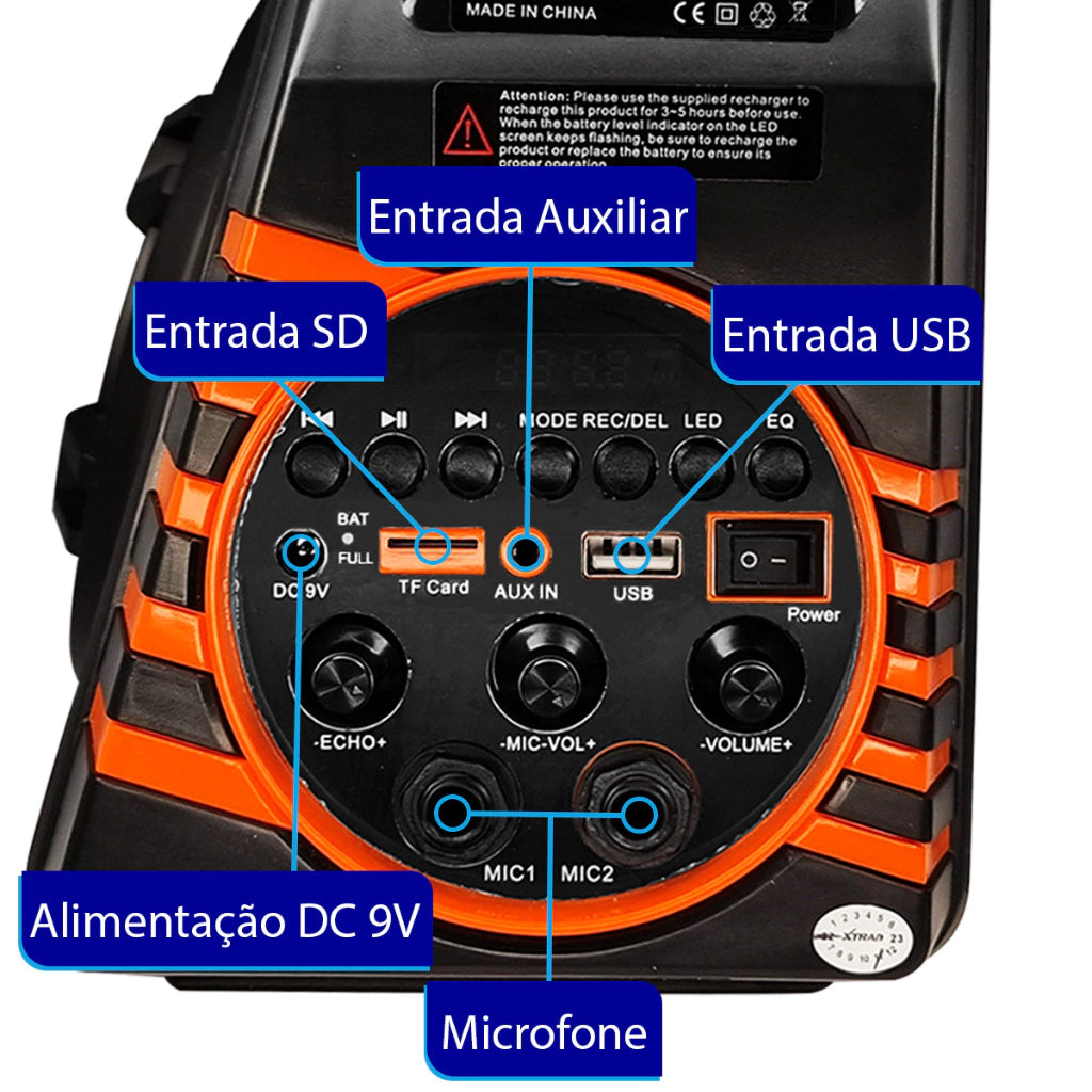 Caixa de Som Grande Potente Portátil Bluetooth com Microfone 60W Multimídia XDG-37 MARCA XTRAD