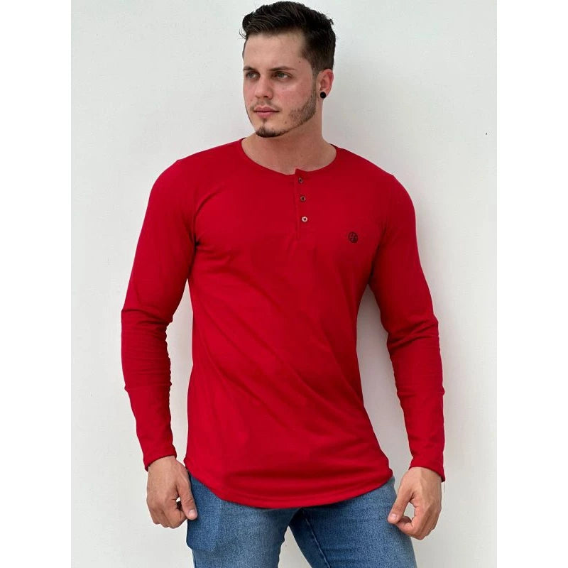 Men's Longline long-sleeved shirt with Portuguese henley collar winter, long-sleeved cold-weather shirt, button-down shirt.