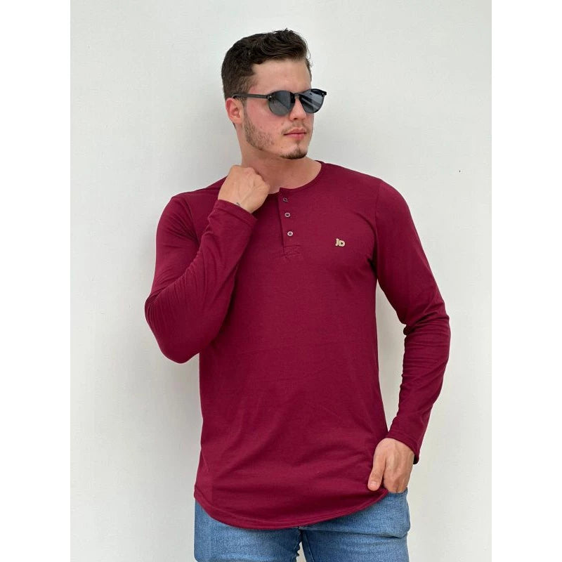 Men's Longline long-sleeved shirt with Portuguese henley collar winter, long-sleeved cold-weather shirt, button-down shirt.