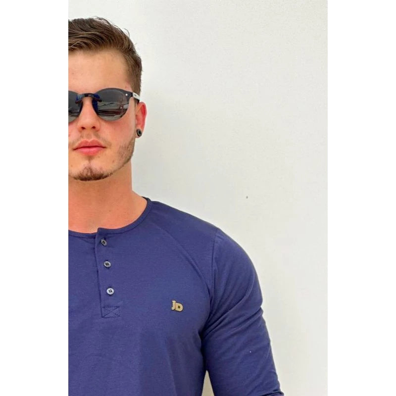 Men's Longline long-sleeved shirt with Portuguese henley collar winter, long-sleeved cold-weather shirt, button-down shirt.