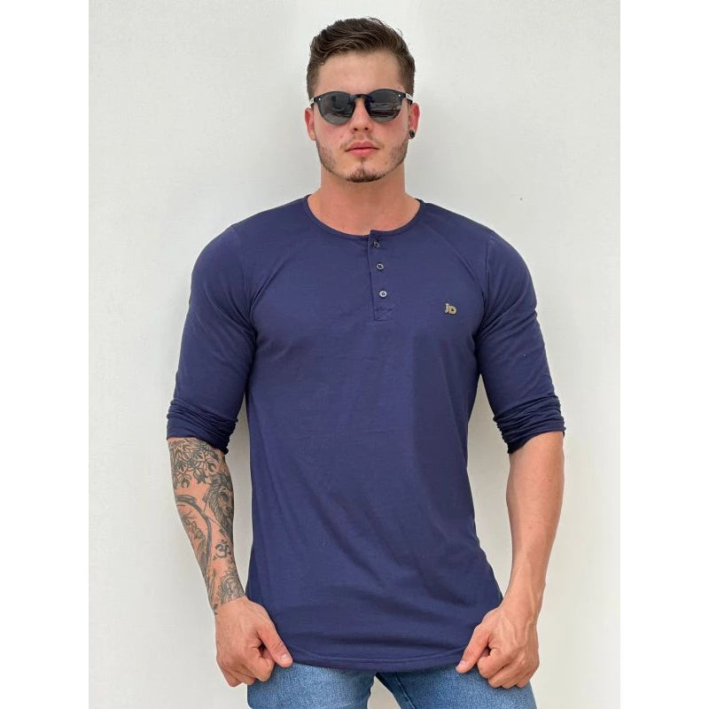 Men's Longline long-sleeved shirt with Portuguese henley collar winter, long-sleeved cold-weather shirt, button-down shirt.