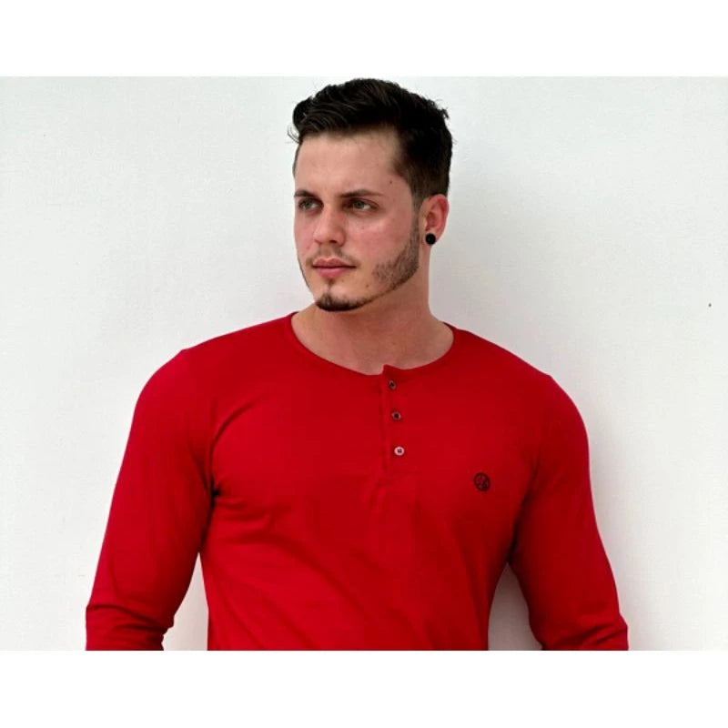 Men's Longline long-sleeved shirt with Portuguese henley collar winter, long-sleeved cold-weather shirt, button-down shirt.