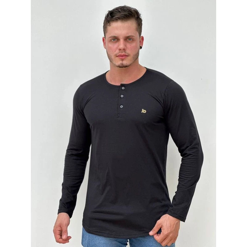 Men's Longline long-sleeved shirt with Portuguese henley collar winter, long-sleeved cold-weather shirt, button-down shirt.