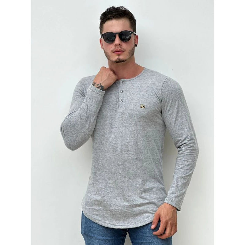 Men's Longline long-sleeved shirt with Portuguese henley collar winter, long-sleeved cold-weather shirt, button-down shirt.