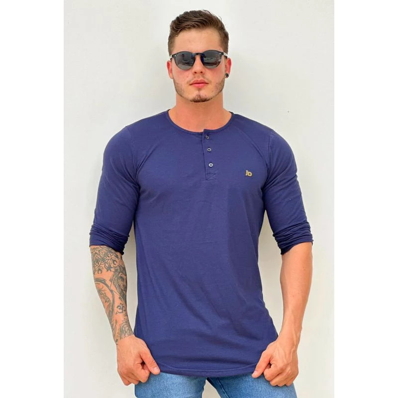 Men's Longline long-sleeved shirt with Portuguese henley collar winter, long-sleeved cold-weather shirt, button-down shirt.