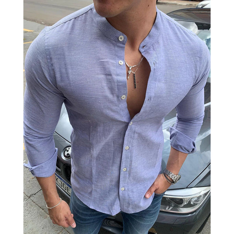 Camisa Masculina Gola Padre Social Casual Linho Algodão Manga Curta Longa Moda Luxo