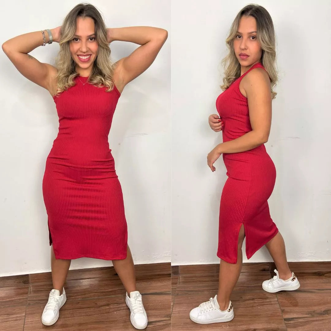 Vestido MIDI Regata com Fenda Lateral Canelado Feminino do P ao GG