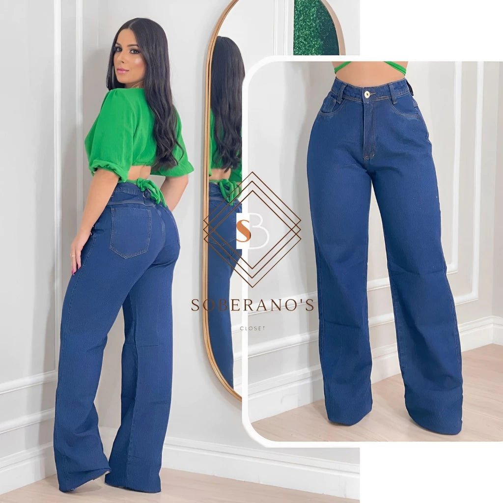 Calça Jeans Feminina Wide Leg pantalona Cintura Alta Tecido