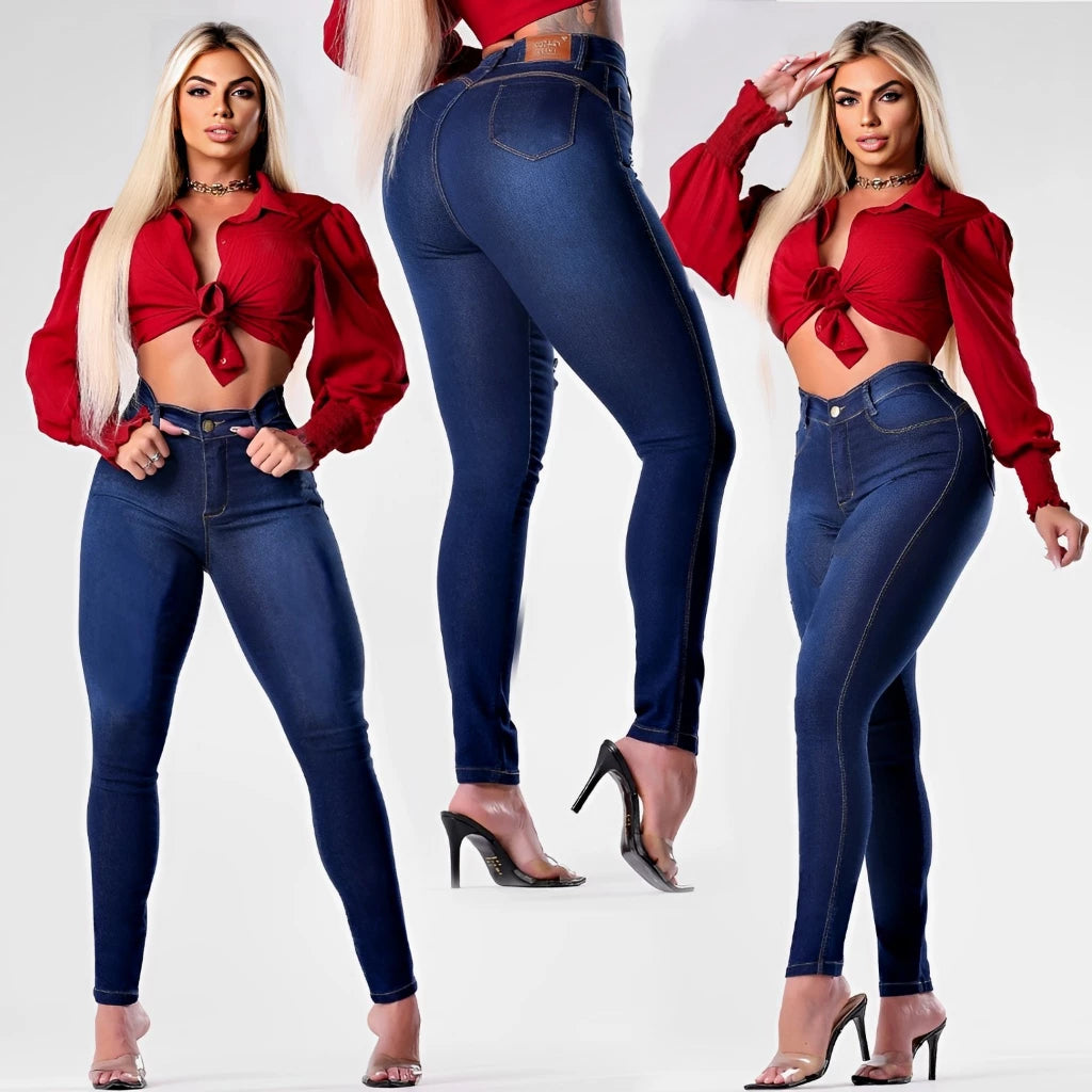 Calça Jeans Feminina Skinny Cintura Alta com Lycra Levanta Bumbum