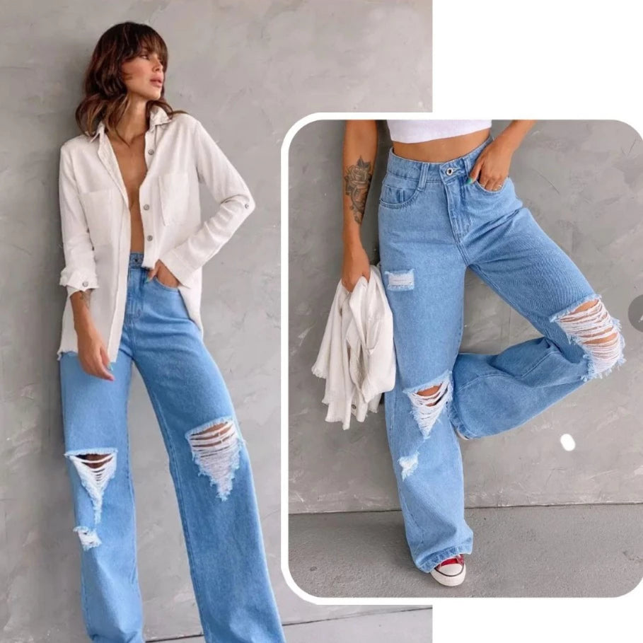 Calça Jeans Feminina Wide Leg pantalona Cintura Alta Tecido