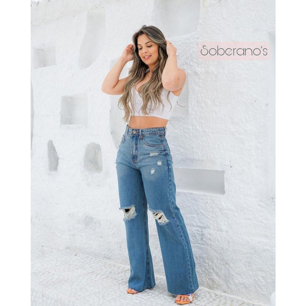 Calça Jeans Feminina Wide Leg pantalona Cintura Alta Tecido