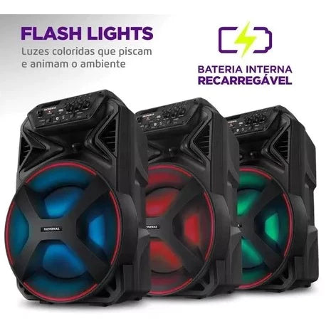 Caixa De Som Amplificada Mondial Portátil Bivolt Com Bluetooth USB e Rádio FM CM-250 Potência 250W Display Digital Preto