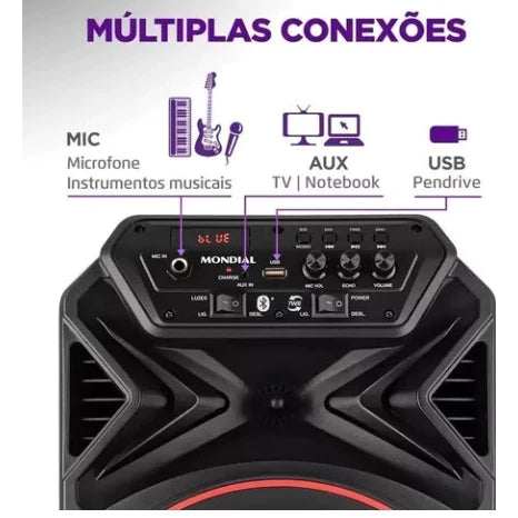 Caixa De Som Amplificada Mondial Portátil Bivolt Com Bluetooth USB e Rádio FM CM-250 Potência 250W Display Digital Preto