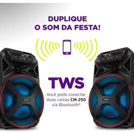 Caixa De Som Amplificada Mondial Portátil Bivolt Com Bluetooth USB e Rádio FM CM-250 Potência 250W Display Digital Preto