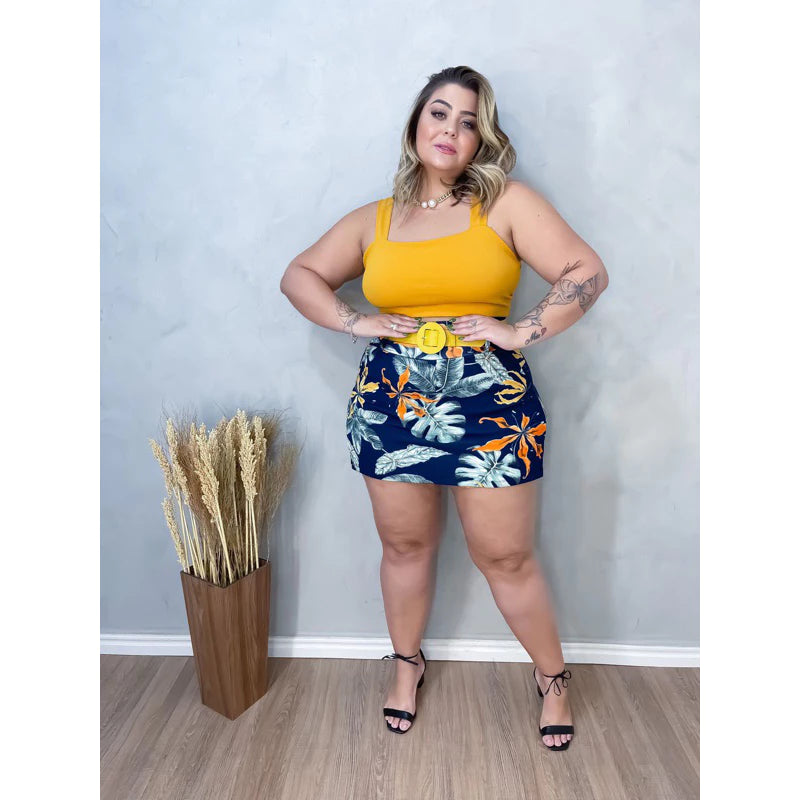 Conjunto Feminino Plus Size Blusa Cropped + Short Saia com Cinto - Conjuntinho Plus Moda Feminina.