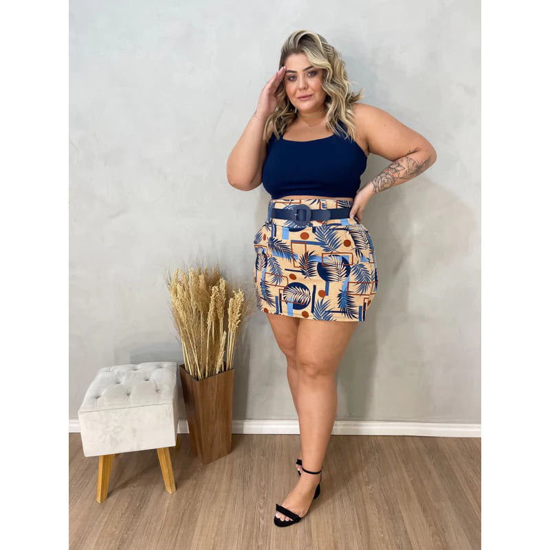 Conjunto Feminino Plus Size Blusa Cropped + Short Saia com Cinto - Conjuntinho Plus Moda Feminina.