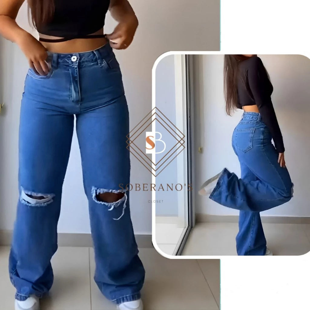 Calça Jeans Feminina Wide Leg pantalona Cintura Alta Tecido