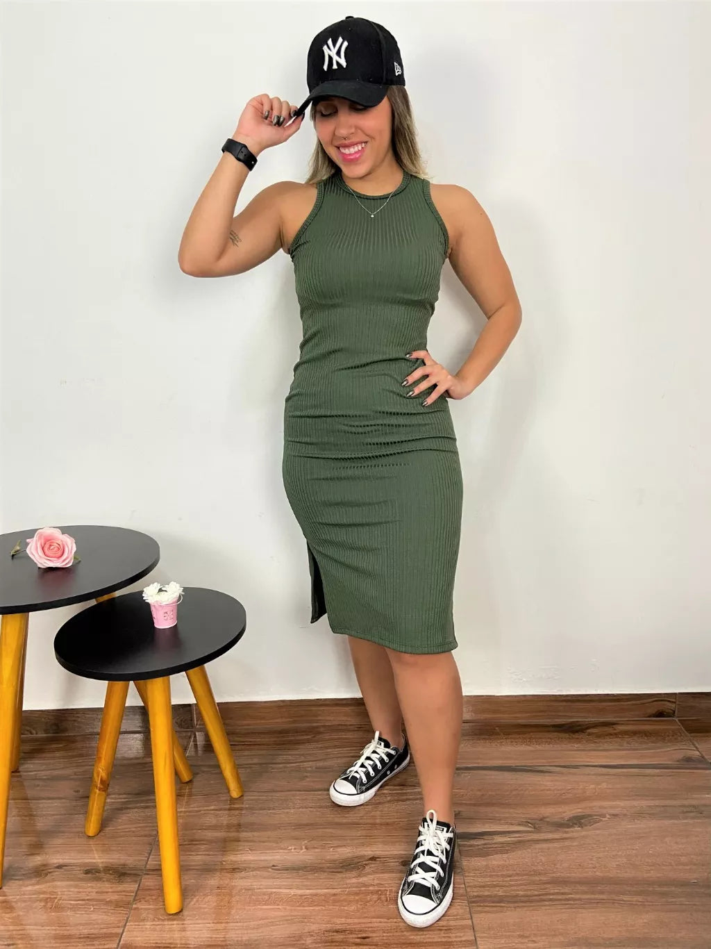 Vestido MIDI Regata com Fenda Lateral Canelado Feminino do P ao GG