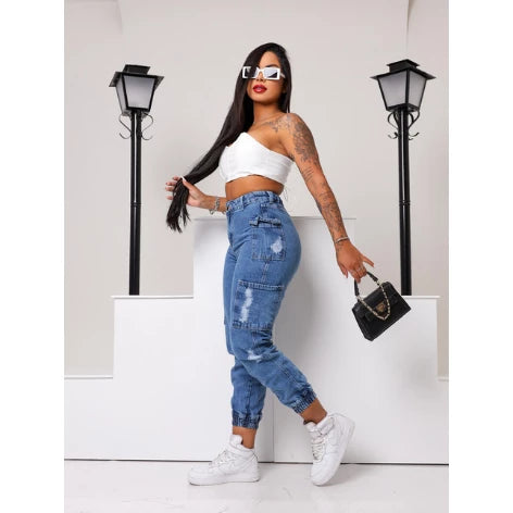 Calça Jogger Jeans Feminina Bolso Cargo Duplo Calça Cargo