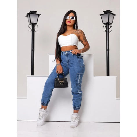 Calça Jogger Jeans Feminina Bolso Cargo Duplo Calça Cargo