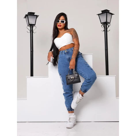 Calça Jogger Jeans Feminina Bolso Cargo Duplo Calça Cargo