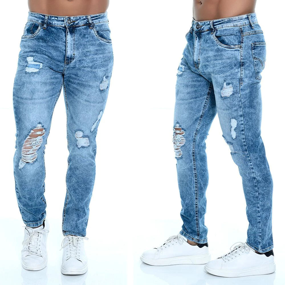 Calça Jeans Skinny Masculina Delavê Rasgada Com Elastano