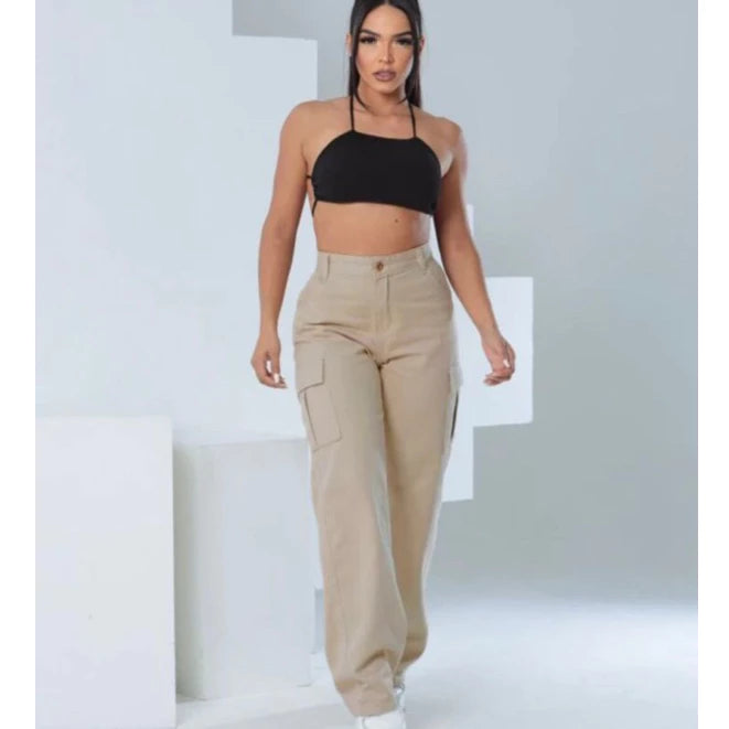 Calça Jeans Cargo Feminina Wide Leg Pantalona Blogueirinha