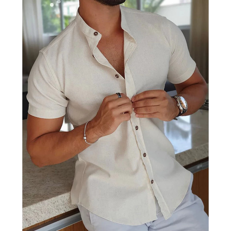 Men's Shirt Collar Priest Social Casual Cotton Linen Short Sleeve Fashion Luxury