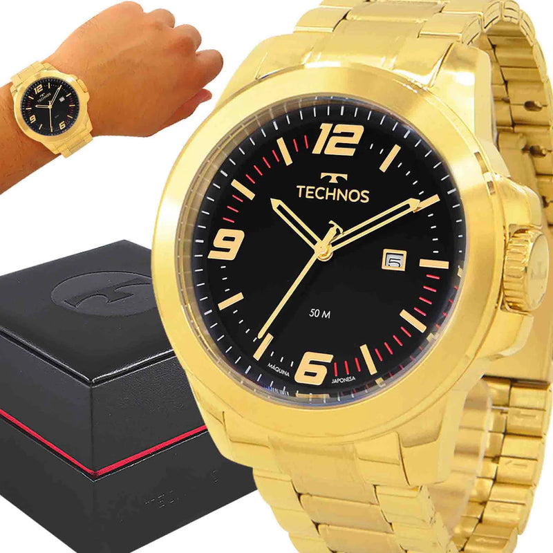 Relógio Technos Masculino Dourado Preto Original 1 Ano de Garantia