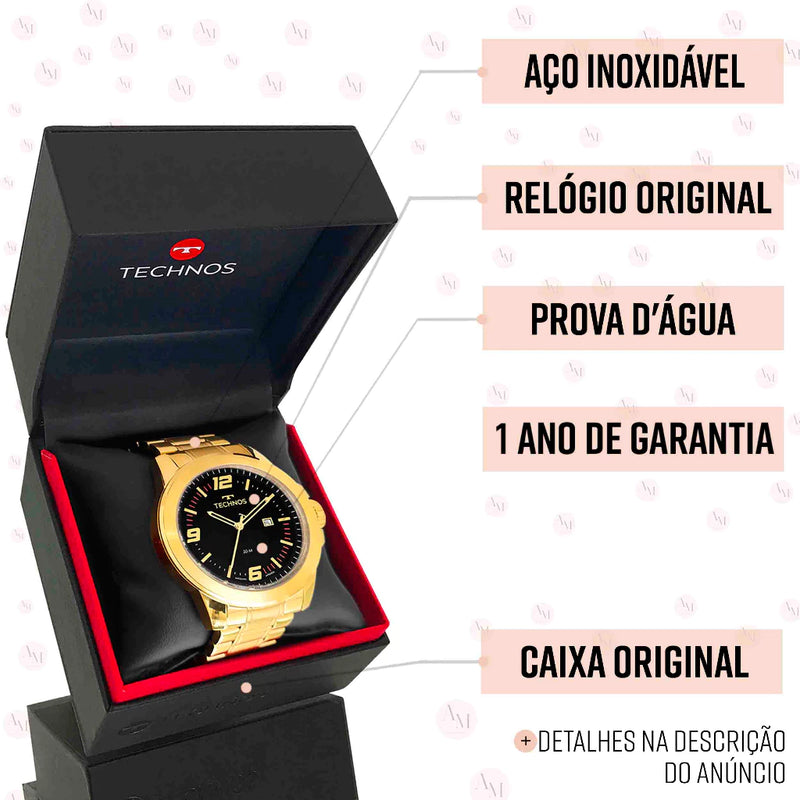 Relógio Technos Masculino Dourado Preto Original 1 Ano de Garantia