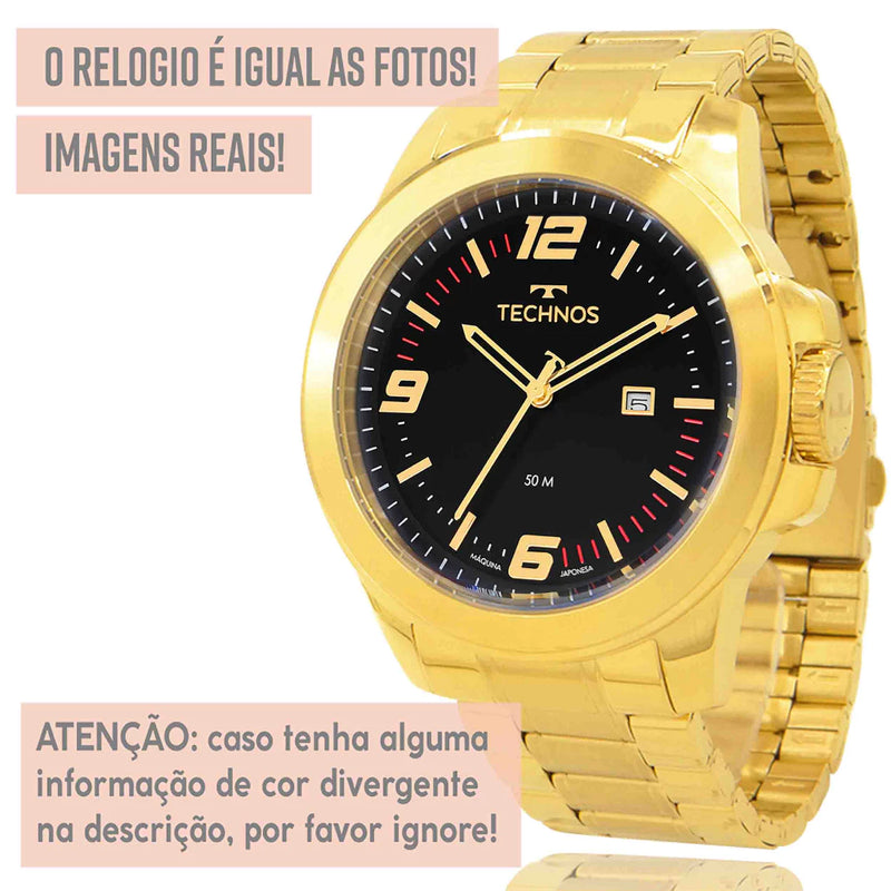 Relógio Technos Masculino Dourado Preto Original 1 Ano de Garantia