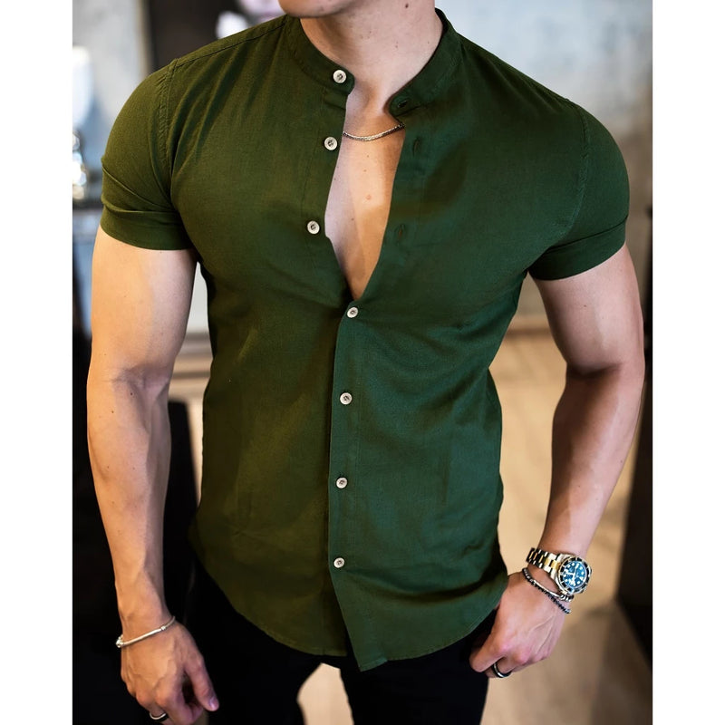 Camisa Masculina Gola Padre Social Casual Linho Algodão Manga Curta Longa Moda Luxo