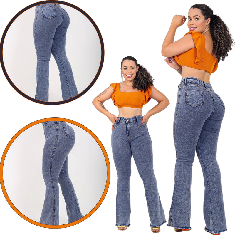 Calça  Flare Jeans Feminina Com Elastano Cintura Alta Efeito Levanta Bumbum