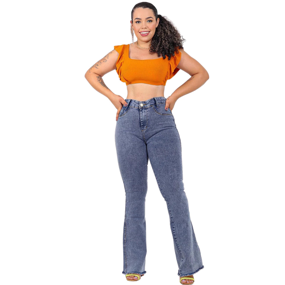 Calça  Flare Jeans Feminina Com Elastano Cintura Alta Efeito Levanta Bumbum