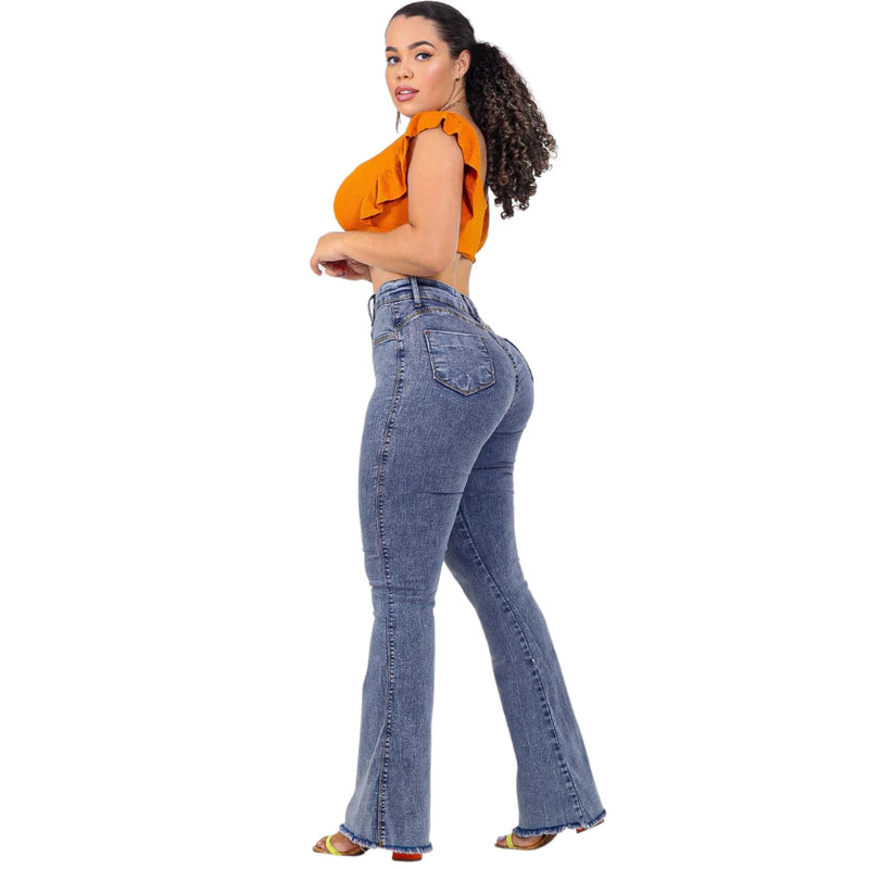 Calça  Flare Jeans Feminina Com Elastano Cintura Alta Efeito Levanta Bumbum