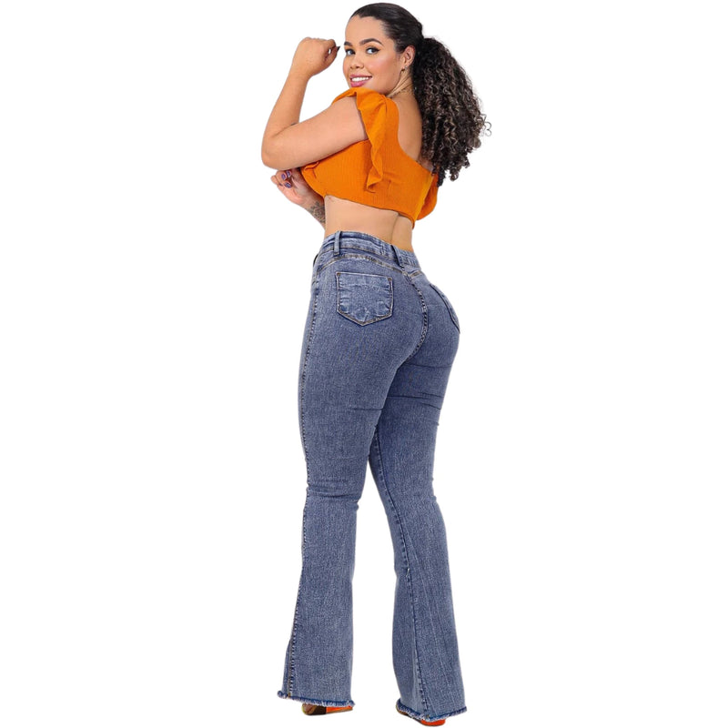 Calça  Flare Jeans Feminina Com Elastano Cintura Alta Efeito Levanta Bumbum