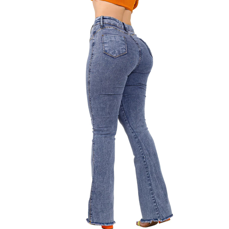 Calça  Flare Jeans Feminina Com Elastano Cintura Alta Efeito Levanta Bumbum