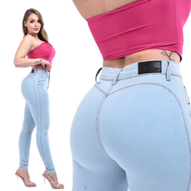 Calça Jeans Feminina Sem Bolso Cintura Alta Levanta Bumbum Com Lycra