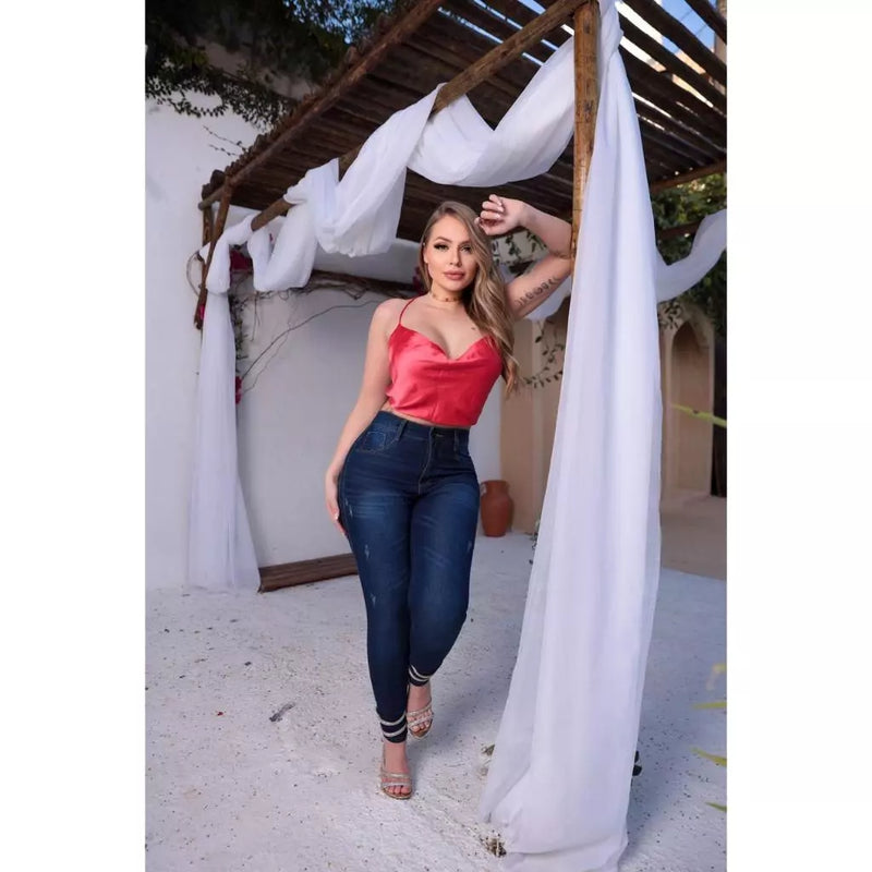 Calça Jeans Feminina Sem Bolso Cintura Alta Levanta Bumbum Com Lycra