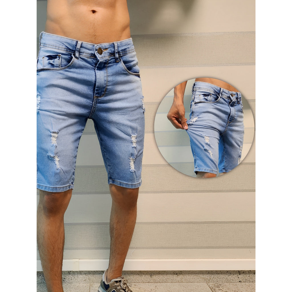 Men's denim shorts WITH LYCRA DESTROYED LIGHT DARK