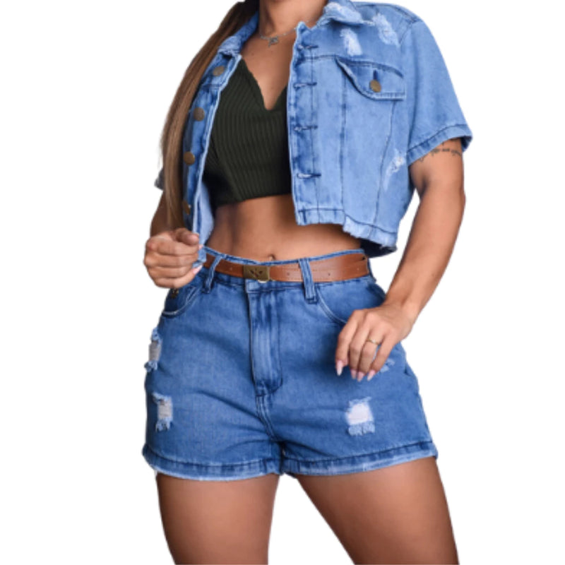 Short Jeans Feminino com Detalhes em  Destroyed Cintura Alta Empina Bumbum Com Cinto