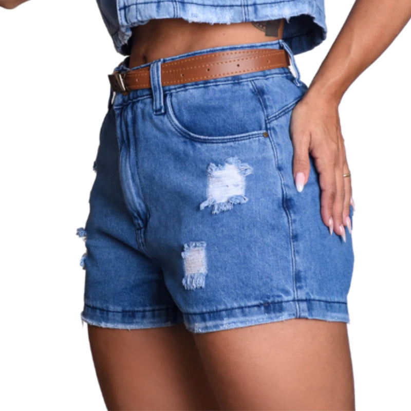 Short Jeans Feminino com Detalhes em  Destroyed Cintura Alta Empina Bumbum Com Cinto