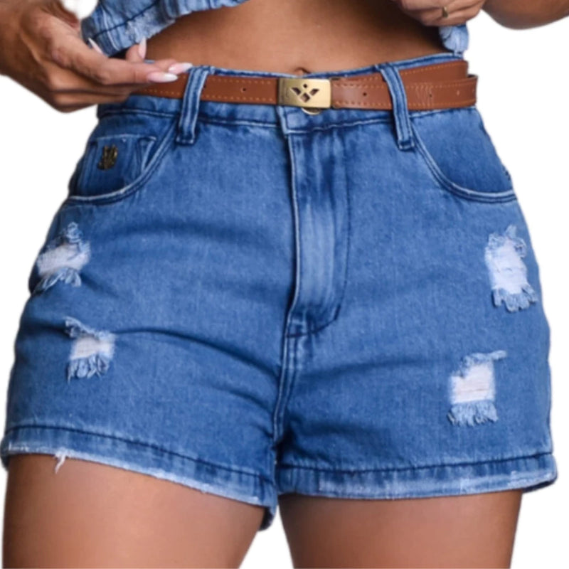 Short Jeans Feminino com Detalhes em  Destroyed Cintura Alta Empina Bumbum Com Cinto