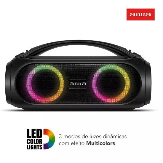 Caixa De Som Boombox Aiwa Mondial TWS Bluetooth 5.1 Bivolt 50W RMS Resistente a Água 3 Luzes + Alça De Transporte AWS-BBS-02 Preto