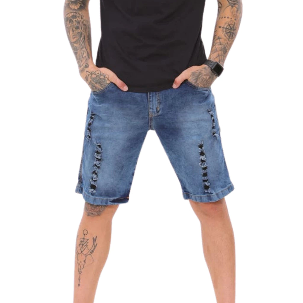 Bermuda Masculina Escura Jeans Com Lycra Rasgada