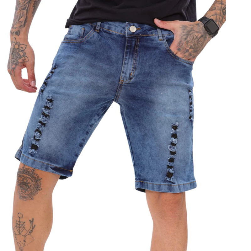 Bermuda Masculina Escura Jeans Com Lycra Rasgada