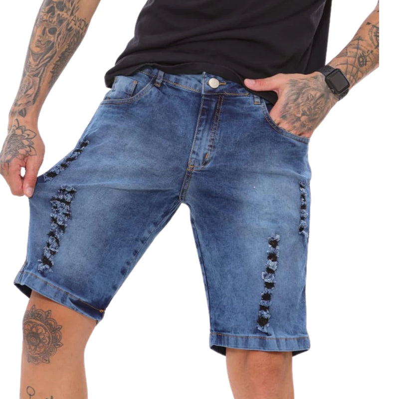 Bermuda Masculina Escura Jeans Com Lycra Rasgada